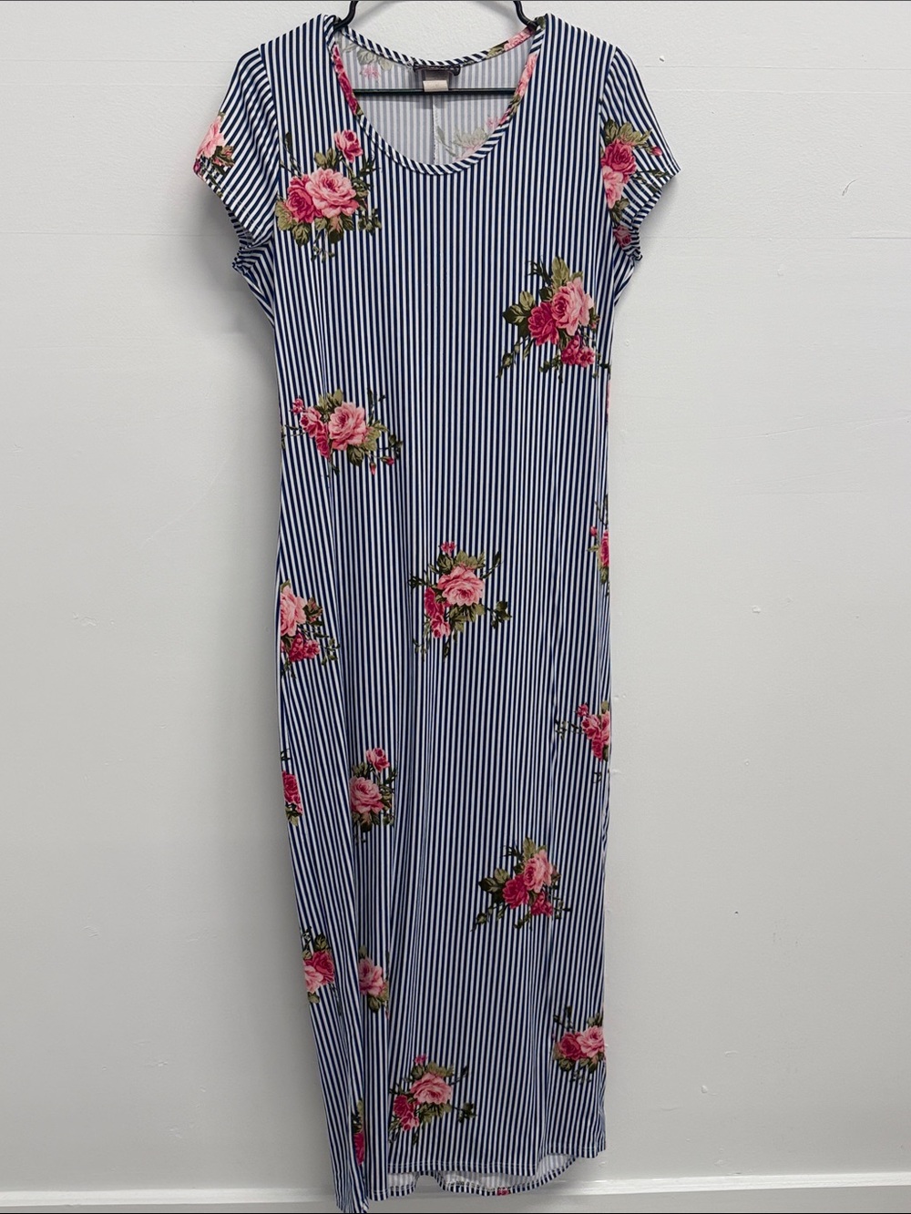 Discreet Navy & White Striped Maxi Dress with Pink Floral Sz Juniors XL PTP 18
